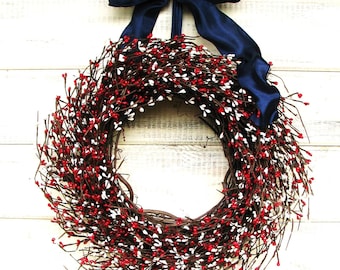 RED & WHITE Front Door Wreath-4th July Door Decor-Patriotic Home Decor Wreath-Summer Home Wall Accents-4th July Mantle Wreath-USA Wall Decor