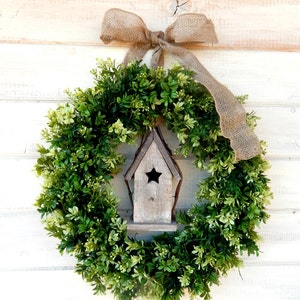 Cottage Birdhouse Artificial Boxwood Greenery Wreath for Front Door-BIRDHOUSE Decor-SPRING BOXWOOD-Year-Round Wreath-Home Decor Gift for Mom image 3