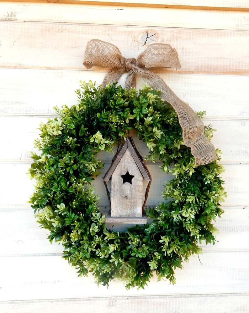 Cottage Birdhouse Artificial Boxwood Greenery Wreath for Front Door-BIRDHOUSE Decor-SPRING BOXWOOD-Year-Round Wreath-Home Decor Gift for Mom image 3