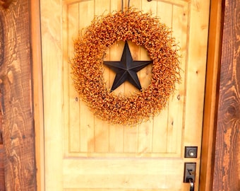 Western Fall Door Wreath-Orange Berry Wreath-BARN STAR-Wreath-Rustic Fall Decor-Country Home-Western Wall Decor Wreath-Country Room Decor