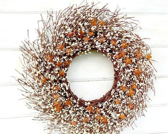 Primitive Fall Wreath-STAR Wreath-Rustic Door Wreath-White Berry Wreath-RUSTIC TWIG Wreath-Rustic Home Decor-Front Door Wreath-Gifts