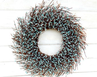 Vintage Teal Blue Front Door Wreath-Sunburst Twig Wreath-Rustic TWIG Wreath Wall Hanging-Teal Blue Decor-Modern Farmhouse-Cottage Home Decor