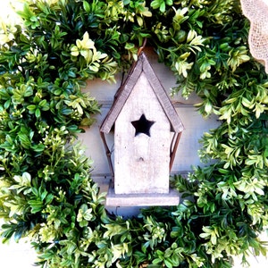 Cottage Birdhouse Artificial Boxwood Greenery Wreath for Front Door-BIRDHOUSE Decor-SPRING BOXWOOD-Year-Round Wreath-Home Decor Gift for Mom image 2