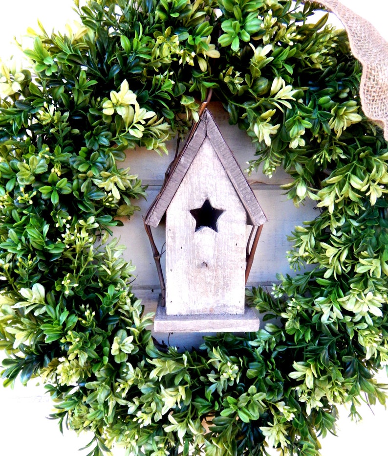 Cottage Birdhouse Artificial Boxwood Greenery Wreath for Front Door-BIRDHOUSE Decor-SPRING BOXWOOD-Year-Round Wreath-Home Decor Gift for Mom image 2