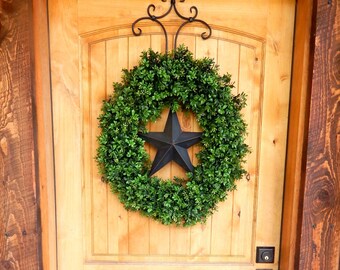 Modern Boxwood Wreath-Barn Star Wreath-Front Door Wreath-Year-Round Wreaths-Unique Gifts-Wreath for Mantel--Summer Wreath-Gifts for Her