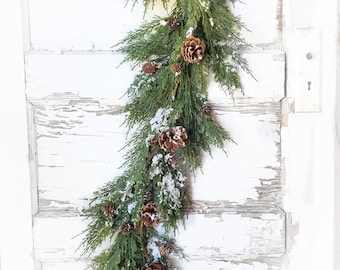 Christmas Garland-SNOWY CEDAR with PINECONES-Holiday Garland-Christmas Greenery-Modern Christmas Décor-Christmas Table Runner-Winter Table