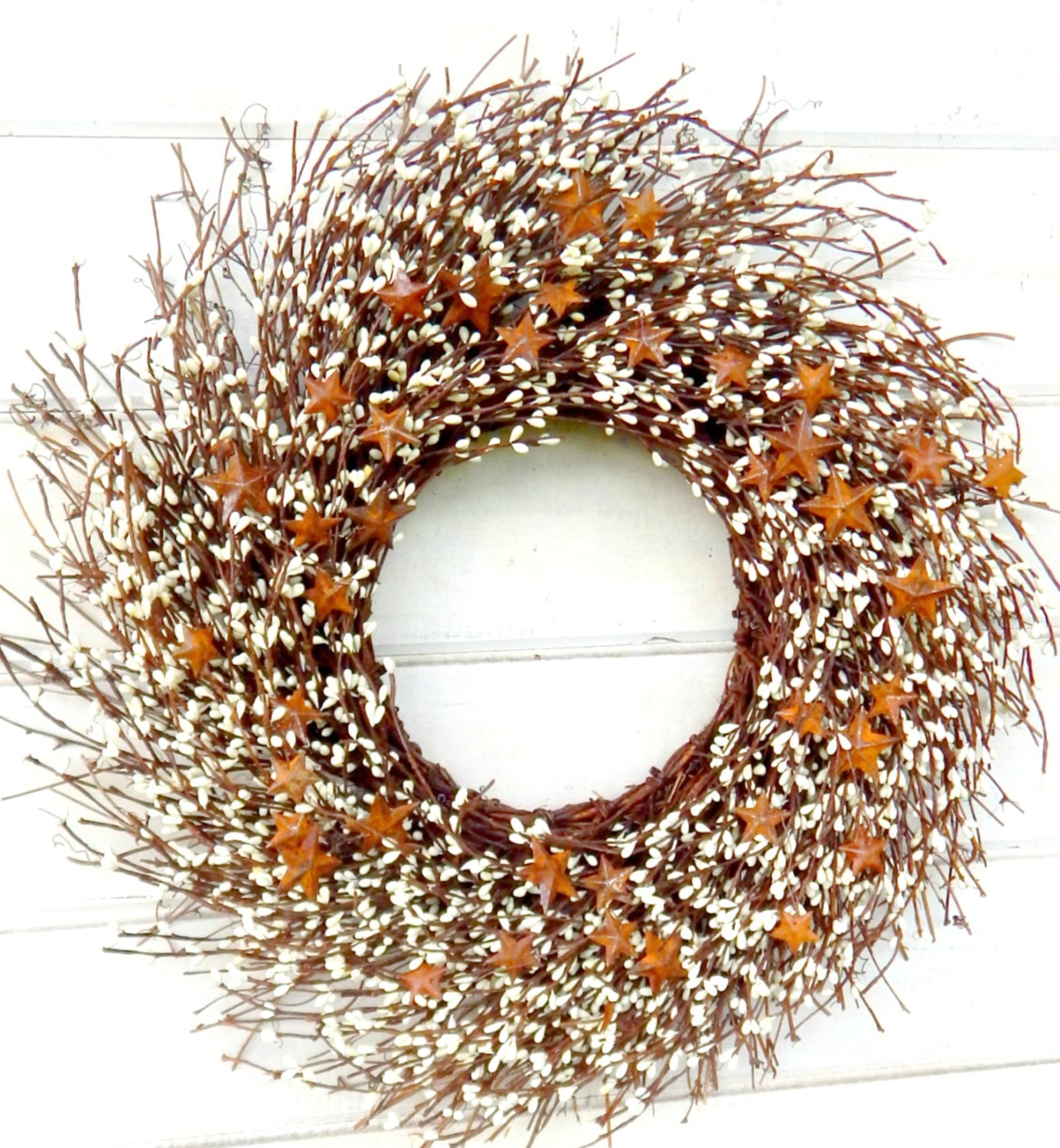 Primitive Fall WreathSTAR WreathRustic Door WreathWhite Berry Wreath