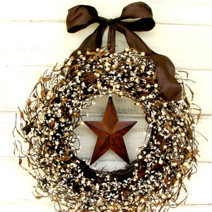 Fall Wreath-Rustic Wreath-Primitive Berry Wreath-Winter Wreath-RUSTIC STAR Wreath-Western Wreaths-Country Home Decor-Autumn Door Decor image 1