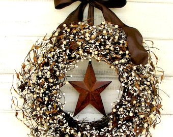 Fall Wreath-Rustic Wreath-Primitive Berry Wreath-Winter Wreath-RUSTIC STAR Wreath-Rustic Home Decor-Primitive Country-Autumn Door Decor