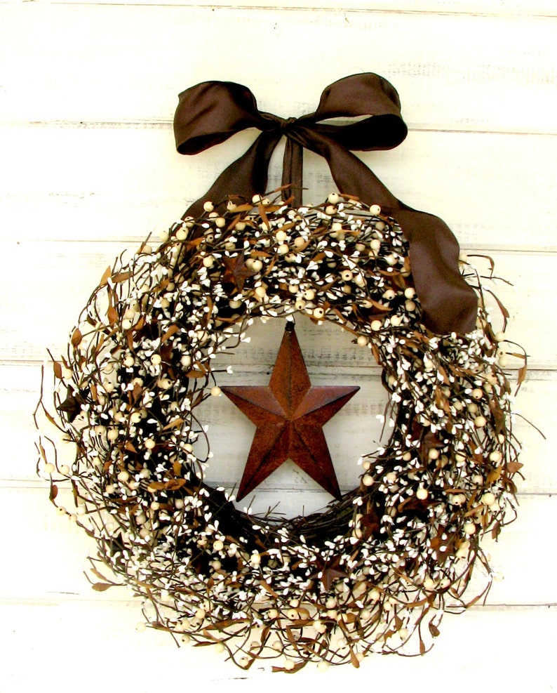 Fall Wreath-Rustic Wreath-Primitive Berry Wreath-Winter Wreath-RUSTIC STAR Wreath-Western Wreaths-Country Home Decor-Autumn Door Decor image 1