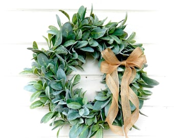 Year Round Wreath-LAMBS EAR-Modern Farmhouse Wreath-Holiday Home Decor-Greenery Wreath for Mantel-Fall Front Door Decor-Burlap Bow Wreath