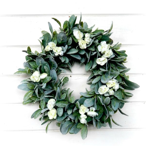 Modern Farmhouse Wreath-Lambs Ear Wreath-Ranunculus Wreath-Boho Decor-Housewarming Gift-Greenery Wreaths-Spring Home Decor-Floral Wreath