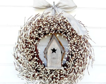 Farmhouse Decor-Summer Wreath-BIRD HOUSE Wreath-Spring Wreath-Front Door Decor-Wreath-Housewarming Wreath-Wedding Gift-Gift for Mom