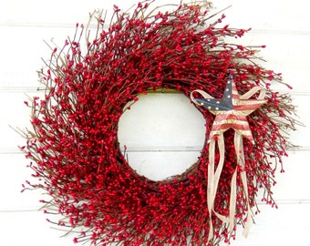 Patriotic Wreath-Military Wreath-USA Decor-Summer Wreath-July 4th Door Wreath-RED Twig Wreath-Rustic Holiday Home Decor-Scented Wreaths