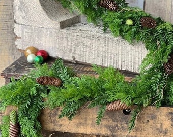 Christmas Real Touch Hemlock Pine Garland-Holiday Mantle Garland-Modern Christmas Décor-Maximalist Christmas Mantle-Winter Table