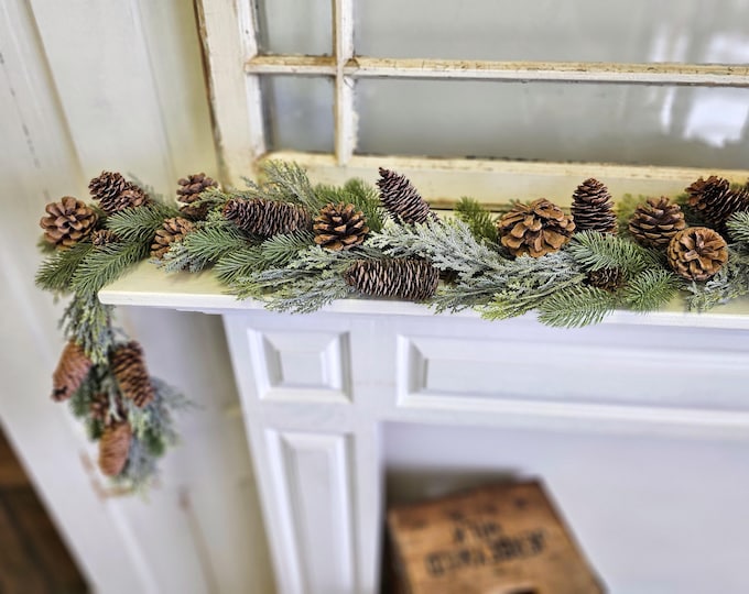Featured listing image: Christmas Pinecone Garland-Faux Garland-Holiday Garland-Christmas Mantel Decor-Rustic Winter Garland-Holiday Home Decor-Christmas Table