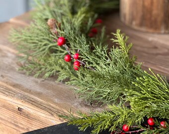 Christmas Garland-CEDAR Garland with RED BERRIES-Christmas Greenery-Winter Garland-Christmas Décor-Holiday Table Runner-Holiday Greenery
