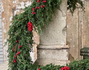 NEW Outdoor Christmas Garland-Soft Touch Cedar Garland with RED BERRIES-Holiday Home-Winter Garland-Modern Christmas-Holiday Mantle Greenery