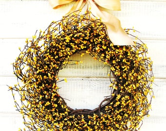 Country Door Wreath-Fall Home Decor-Fall Door Wreath-YELLOW BERRY Wreath-Fall Farmhouse Decor-Yellow Rustic Wreath-Wreath for Mantel Decor