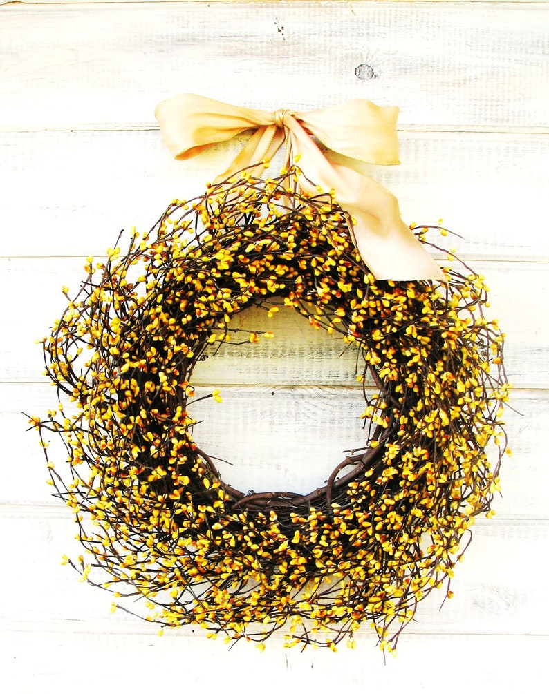 Country Door Wreath-Fall Home Decor-Fall Door Wreath-YELLOW BERRY Wreath-Fall Farmhouse Decor-Yellow Rustic Wreath-Wreath for Mantel Decor image 1