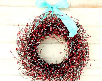Spring Wreath-CORAL PINK and TEAL Berry Front Door Wreath-Handmade Home Decor Gift-Wall Hanging Wreath for Mantle,Kitchen,Living Room Decor