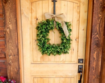 Boxwood Wreath-Square Wreath-BURLAP BOXWOOD Wreath-Door Wreath-Housewarming Gift-Outdoor Wreath-Summer Wreath-Wedding Gift-Custom Made USA