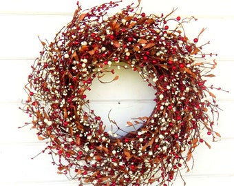 Modern Farmhouse RED & CREAM with LEAVES Valentines Day Wreath-18" 22" 24" 28" 32" 40" Handmade Door Wreaths-Mantle Wreath-Home Decor Gift