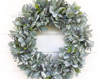 Lambs Ear Wreath-Modern Farmhouse Wreath-LAMBS EAR & HUCKLEBERRY Wreath-Boho Décor-Summer Wreath-Housewarming Gift-Greenery Wreath-Gifts