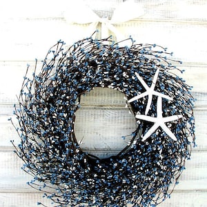 Coastal Beach Home Door Wreath-Ocean Starfish Decoration-Nautical BLUE and CREAM Decor Wreath-Beach Decor Wall/Door/Mantle/Kitchen Wreath image 1