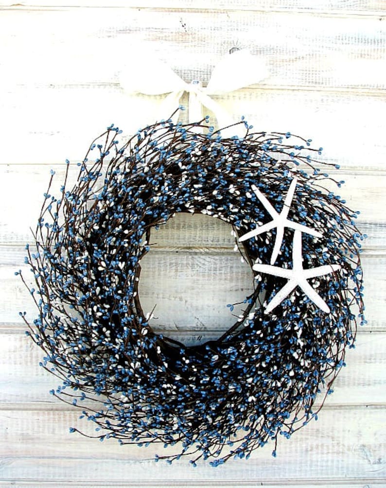 Coastal Beach Home Door Wreath-Ocean Starfish Decoration-Nautical BLUE and CREAM Decor Wreath-Beach Decor Wall/Door/Mantle/Kitchen Wreath image 1