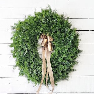 Winter Wreath-Modern Farmhouse Wreath-New Year&#39;s Wreath-DRIPPING CEDAR with BELLS Wreath-Holiday Home Decor-Christmas Door-Christmas Gifts