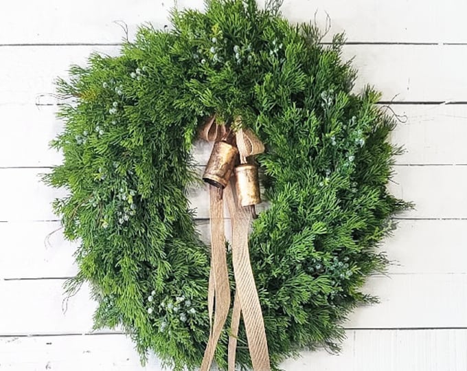 Featured listing image: Christmas Wreath-Vintage Door Wreath-Modern Farmhouse Christmas-CEDAR Wreath with Bells-Holiday Home-Winter Outdoor Wreath-Gift for Mom