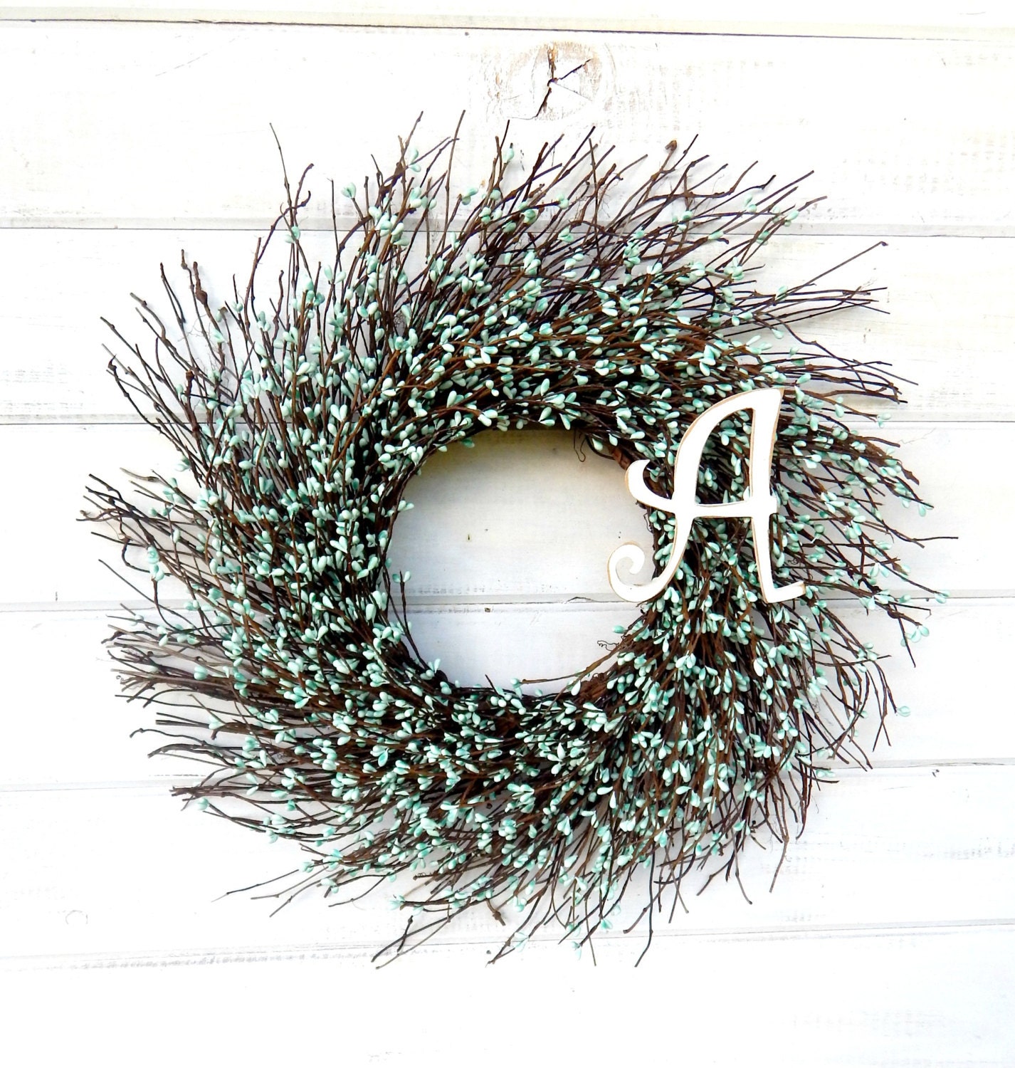 Monogram Wreath Twig Wreath Teal Blue Wreath Initial Wreath