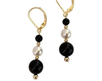 Black Onyx and Pearl Earrings 14K Gold Filled Lever Backs for Women Gemstone Jewelry Gifts Handmade USA