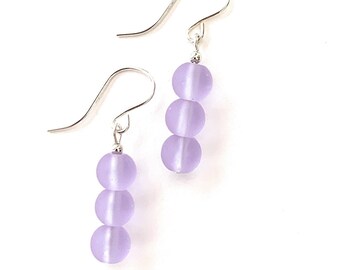 Purple Sea Glass Dangle Earrings Sterling Silver Hypoallergenic Wires Womens Girls Beach Jewelry Gifts Handmade USA