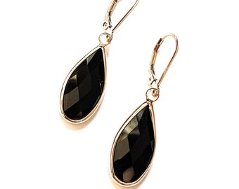 Black Faceted Glass Earrings on 14K Gold Filled Leverbacks