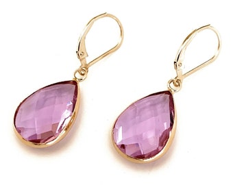 Purple Glass Dangle Earrings 14K Gold Filled Leverbacks for Women Jewelry Gifts Handmade USA