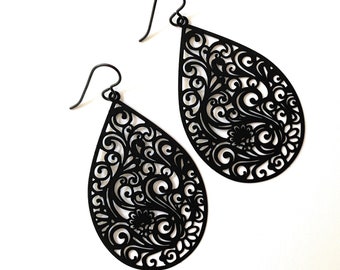 Black Filigree Dangle Earrings Hypoallergenic Niobium Wires Womens Jewelry Gifts Handmade USA