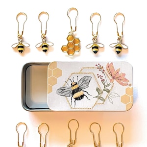 Bee Stitch Markers Set in Tin for Knitting and Crochet, Unbreakable Removable Set with Charms, Gift Bag Included, Gifts for Knitters Women