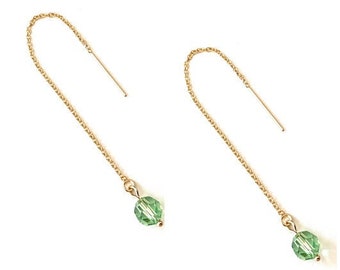 Peridot Green Crystal Threader Earrings 14K Gold Filled Womens Jewelry Gifts August Birthstone Earrings Handmade USA