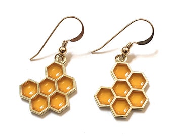 Honeycomb Earrings 14K Gold Filled Wires Women Girls Bee Jewelry Gifts Handmade USA