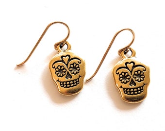 Gold Sugar Skull Dangle Earrings 14K Gold Filled Wires Womens Girls Jewelry Gifts Handmade USA