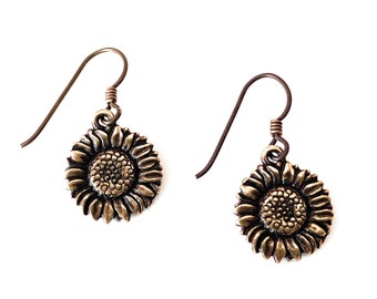 Sunflower Earrings Dangle Hypoallergenic Niobium Wires Womens Girls Bronze Sunflower Jewelry Gifts Accessories Handmade USA