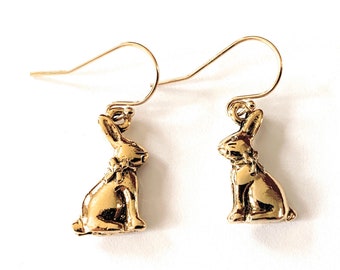 Gold Bunny Dangly Earrings for Women Girls Kids, Rabbit Jewelry Gifts, Spring Earrings, Handmade in USA