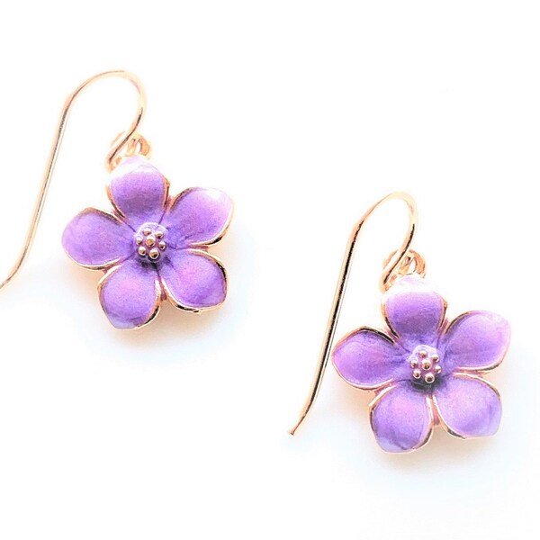 Purple Flower Dangle Earrings 14K Gold Filled Wires Womens Girls Jewelry Gifts Handmade USA