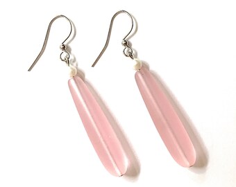 Pink Sea Glass Dangle Earrings with Pearls Womens Girls Beach Jewelry Gifts Handmade USA