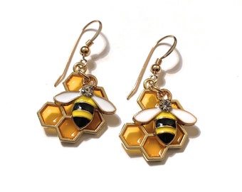 Bee Honeycomb Dangle Earrings 14k Gold Filled Wires Womens Girls Honeybee Jewelry Gifts Handmade USA