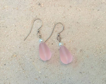 Pink Sea Glass Earrings Dangle with Pearls Women Girls Beach Jewelry Gift Handmade USA