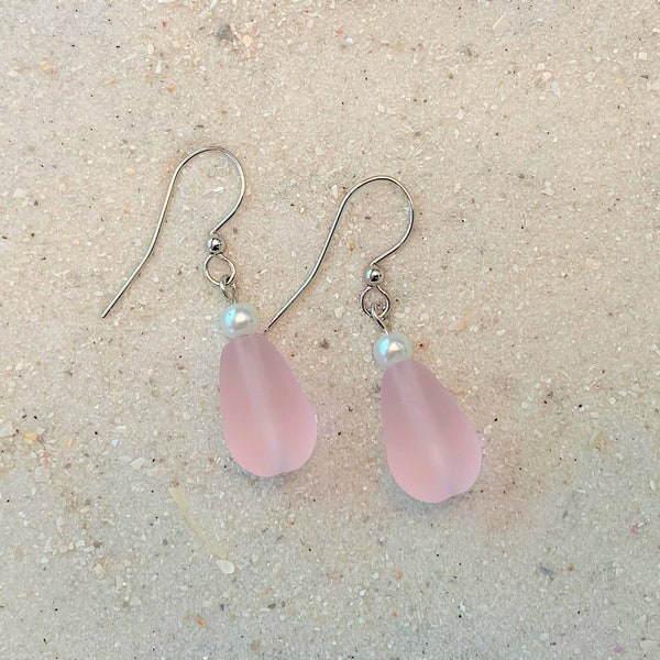 Pink Sea Glass Earrings Dangle with Pearls Women Girls Beach Jewelry Gift Handmade USA