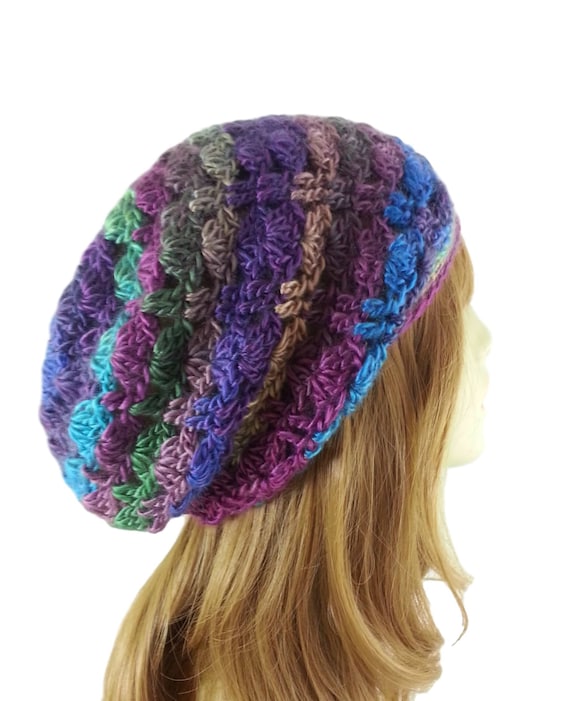 Rainbow slouchy beanie Crocheted hat Variagated yarn in a boho chick design!